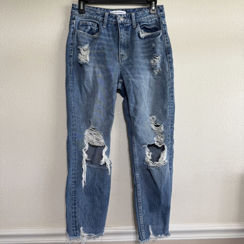 Flying Monkey Mom Jeans Womens 26 Blue‎ Denim Distressed Ripped Frayed Mid-Rise